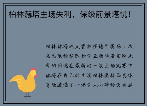 柏林赫塔主场失利，保级前景堪忧！