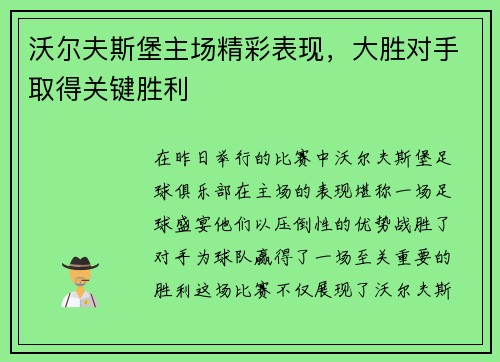 沃尔夫斯堡主场精彩表现，大胜对手取得关键胜利